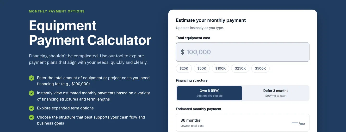 An equipment payment calculator estimating monthly payments across financing structures and terms