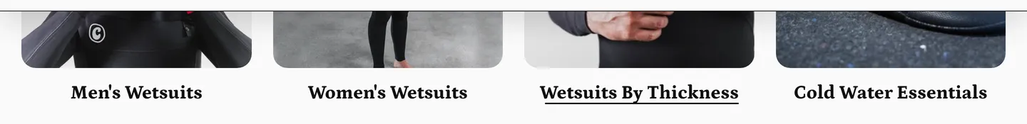Four wetsuit collection tiles covering men's, women's, thickness and cold water essentials